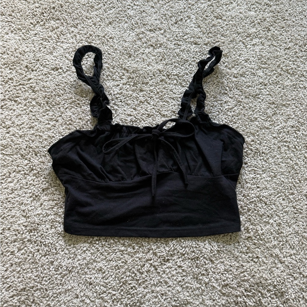 SHEIN Black Ruffle-Trim Crop Top with Front Tie